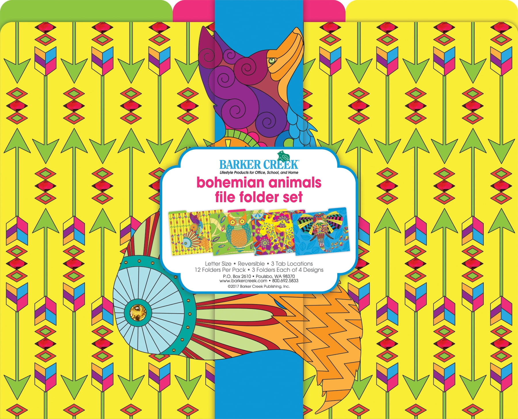 BARKER CREEK Designer File Folders Set of 12, Boho Animals, Multi-Design, Bohemian on Outside, Solid Colors on Inside, Letter Size, 1/3 Cut Tabs, 12-Pack, Home, School and Office Supplies (1342)