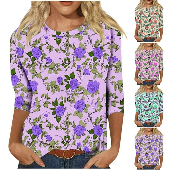 CYMMPU Fall Trendy Shirts 3/4 Sleeve Flower Printed Blouses for Women Dressy Casual Round Neck Tunic Tops Loose Fit Spring Tops Pleated Dressy T-Shirts Purple XXL