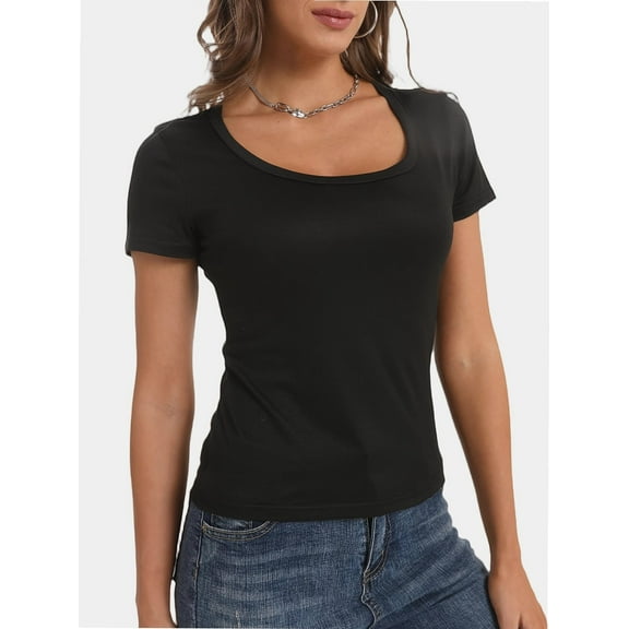 Women's T Shirts Short Sleeve Scoop Neck Basic Going Out Tops Fashion Slim Fit Tee