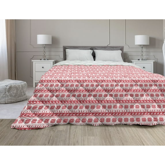 Nordic Down Alternative Comforter, Geometric Abstract Snowflake Pattern European Ornamental Knitting Design, Microfiber Quilt for All Season, 5 Sizes, Lilac Dark Coral White, by Ambesonne