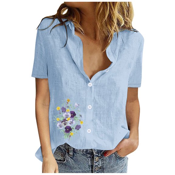 IROINNID Summer Tops For Women Under $10 Lapel Neck Short Sleeve Print Short Sleeves Tops On Sale