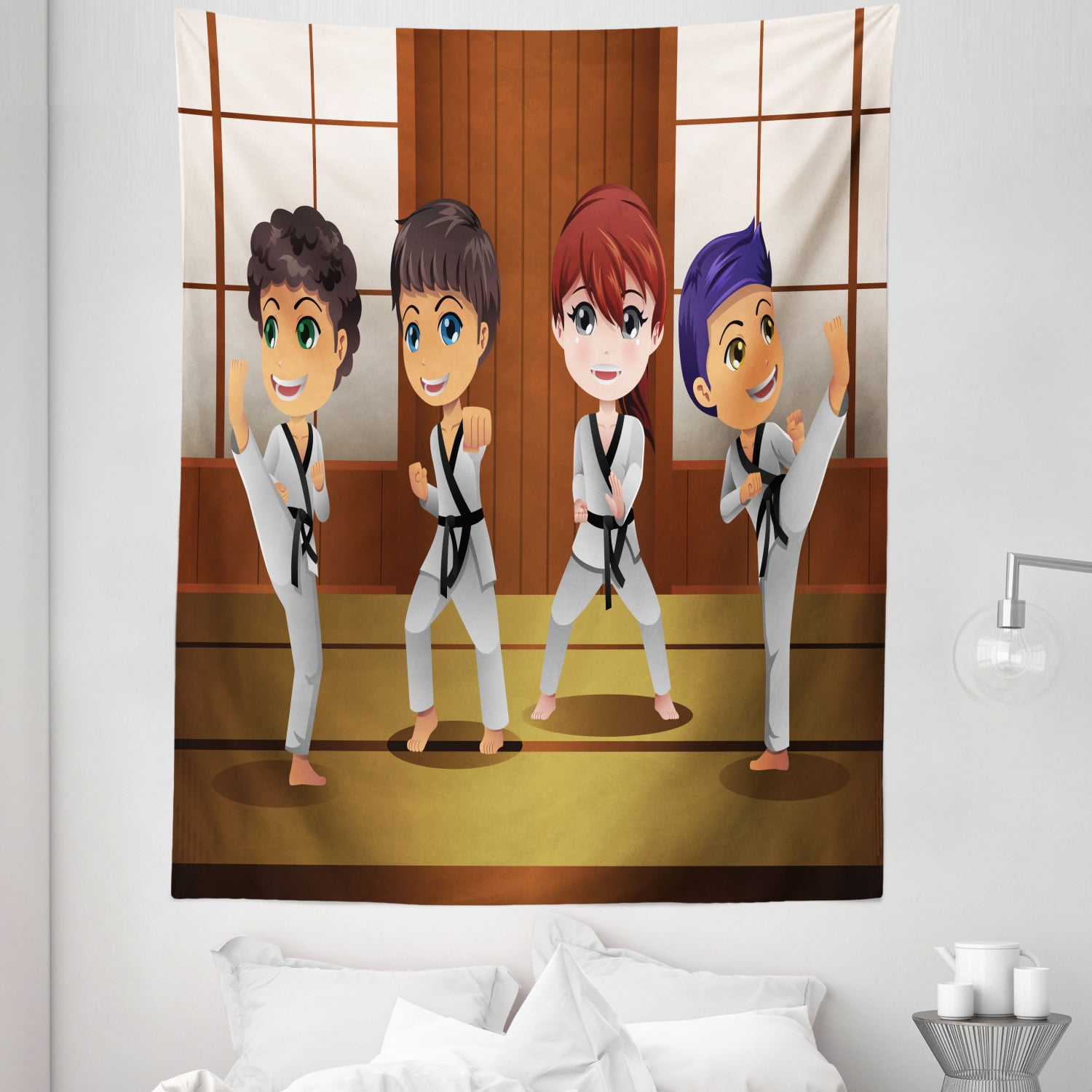 Karate Tapestry, Practicing Martial Arts Self Defence in Dojo Cartoon