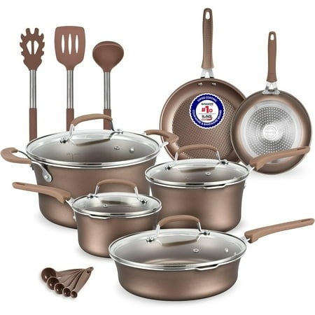 Bakken- Swiss Pots and Pans Set – 14 Piece – Non-Stick Professional Home Kitchenware – Cooking Pots with Lids – Suitable for Gas Electric Ceramic and Induction Counter Cooktops - Golden