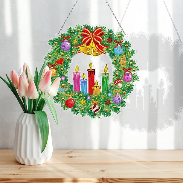 Cuadros Decorativos Corona de Navidad de pintura de diamante en forma especial de bricolaje 5D con cadena de lámpara (YH24) Tmvgtek embutido en tela
