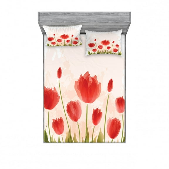 Ambesonne Floral Fitted Sheet & Pillow Sham Set, Romantic Tulip Blossoms, Full, Vermilion Green Peach