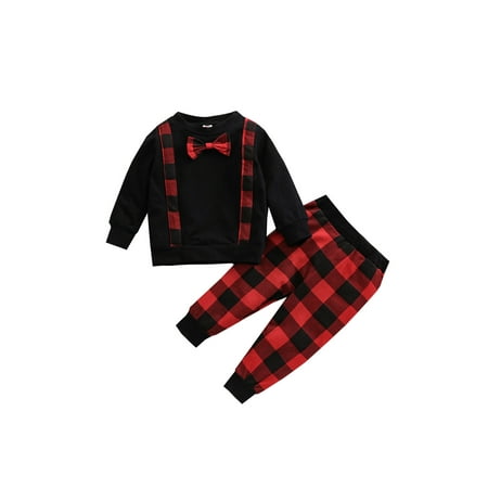 

Sunisery 2Pcs Infant Toddler Baby Boy Christmas Clothes Bow Tie Sweatshirt Top Plaids Pants Outfits Black 3-4 Years