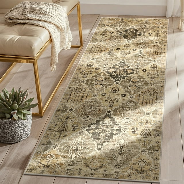 MeyJey Alfombra Vintage de Pasillo 2'x6', Alfombra Oriental Antideslizante Lavable a Máquina para Sala de Estar Recámara, Taupe/Beige