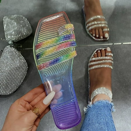 

Fashion Women Rhinestone Transparent Flat Toe Gradient Beach Shoes Flip Flop