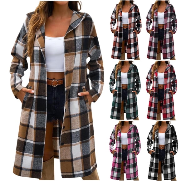 yoeyez Women Plaid Shacket Jacket Trendy Fall Casual Button Jackets Wool Blend Tartan Trench Coat Winter Clothing with Pockets Black,S