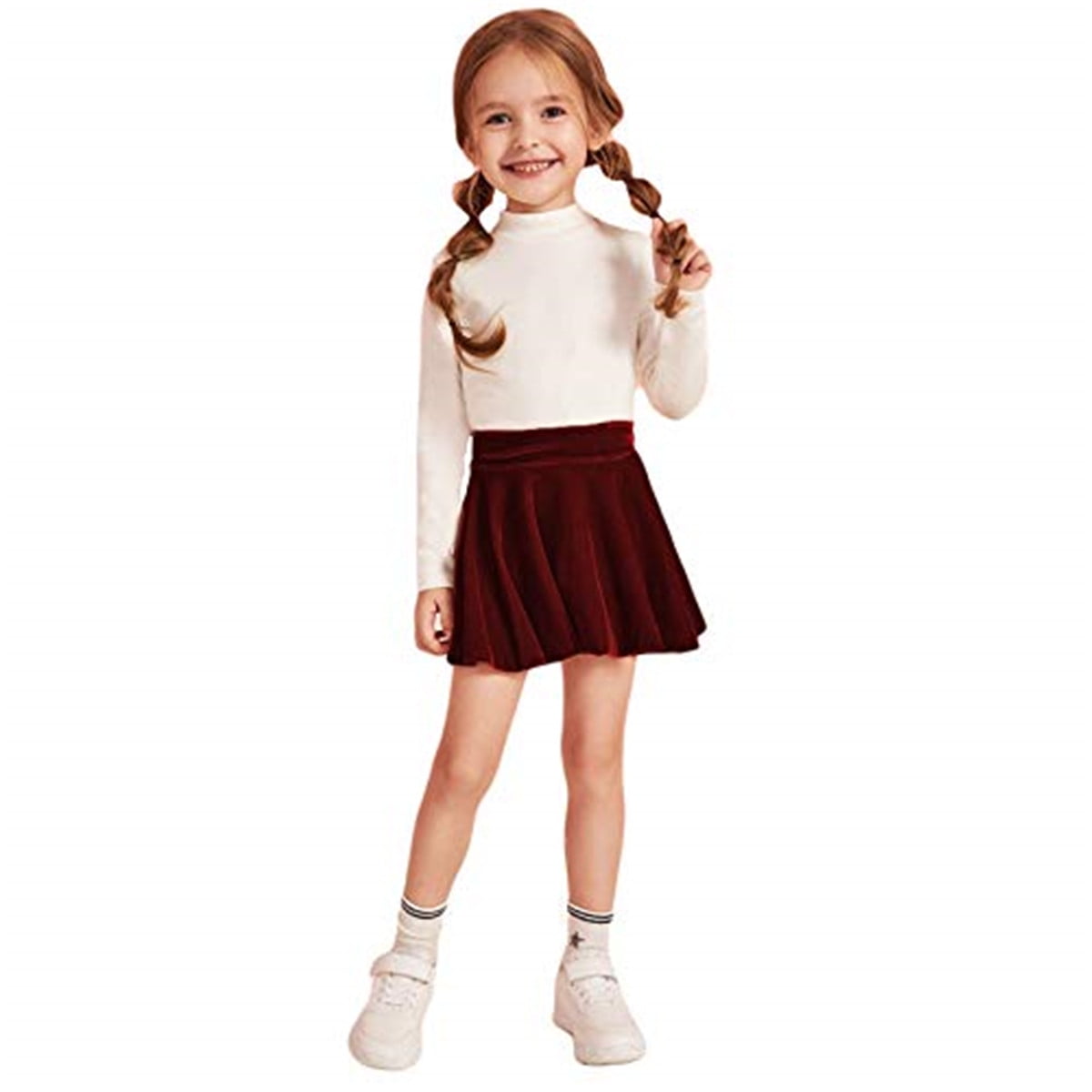 Girls Solid Pleated Skirt High Waist Velvet Skirt Princess Dress Warm Mini Skirt 