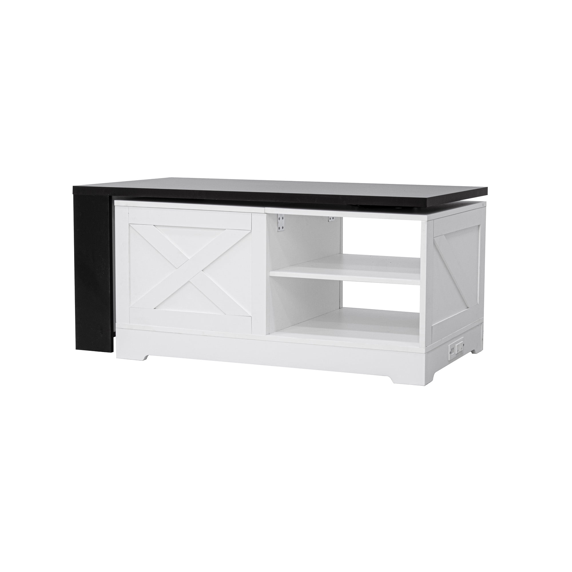 Euroco Farmhouse Lift Top Coffee Table With Barn Doors, Wood Rectangle Center Table With Large Hidden Storage Space And Open Cabinet, For Living Room, Bedroom, Home Office