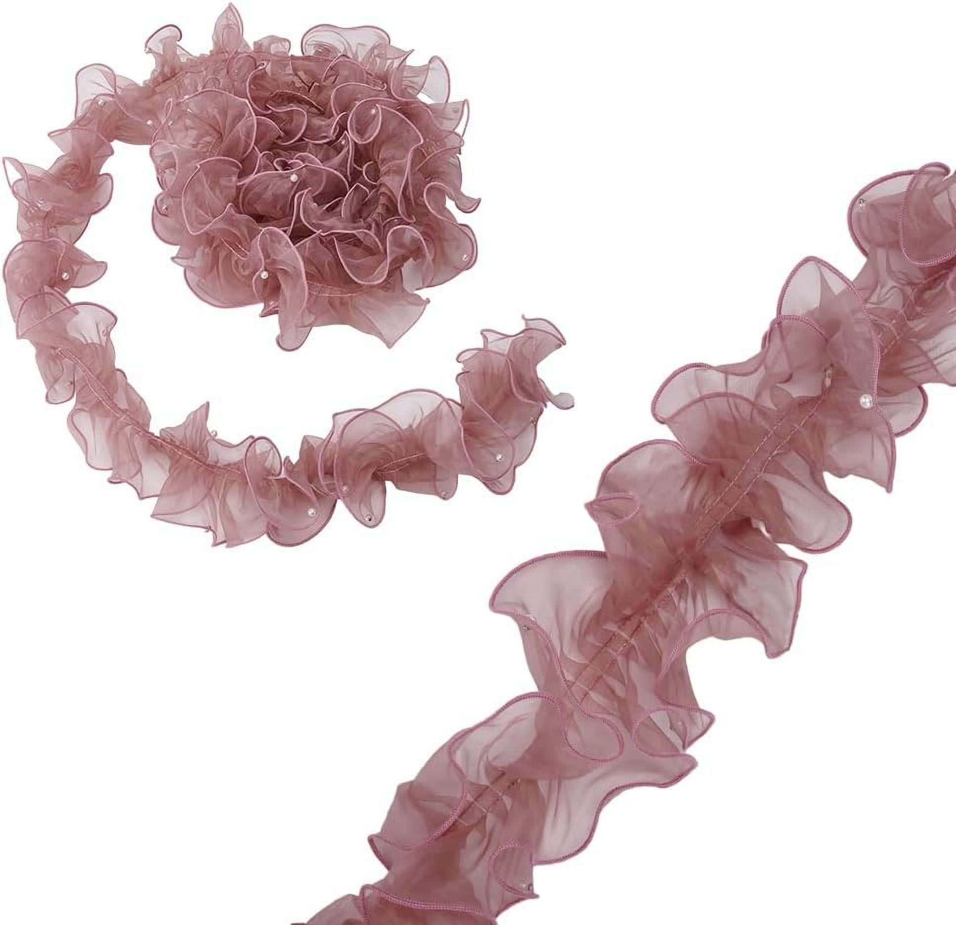5 Yards Organza Lace Ruffled Fabric Trim with Beads for Applique Craft Wedding Dress Decor Pale Violet Red Color 4.9 in Wide 1set