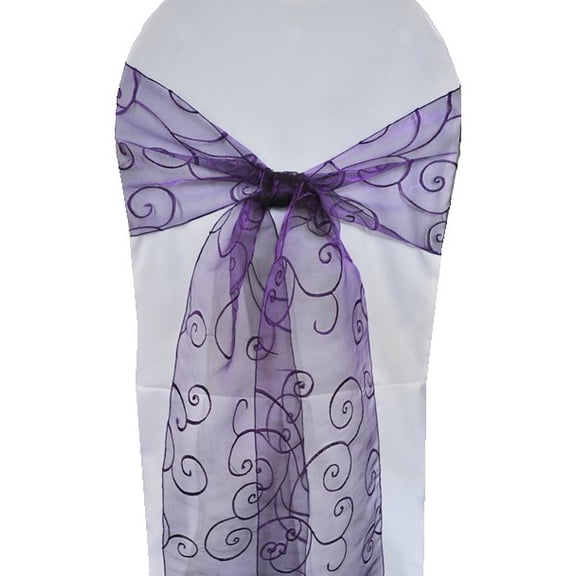 Wedding Linens Inc. (10pcs) 8'' x 108'' Embroidered Organza Sheer Chair Sashes Chair Bow Ties - Regency Purple