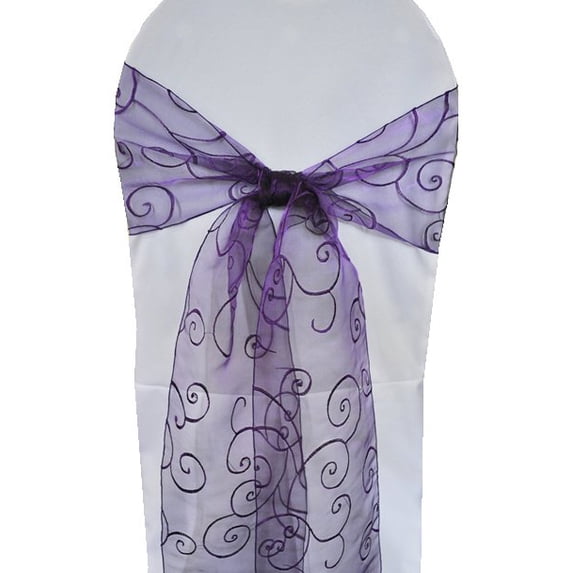 Wedding Linens Inc. (10pcs) 8'' x 108'' Embroidered Organza Sheer Chair Sashes Chair Bow Ties - Regency Purple