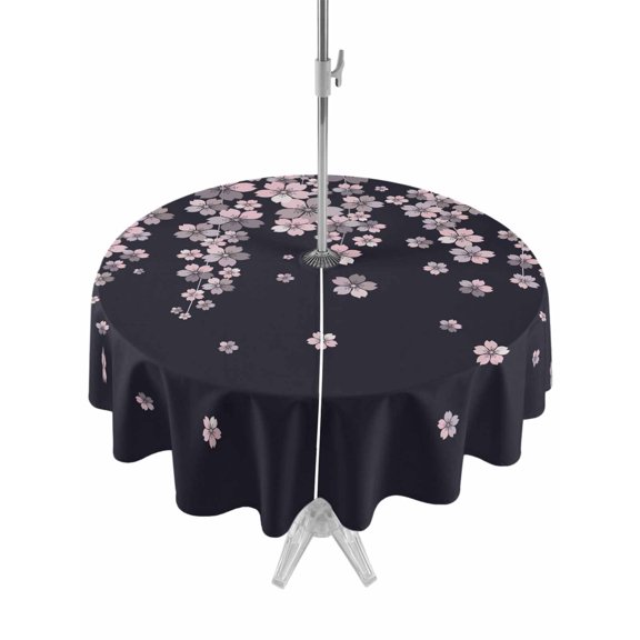 Outdoor Tablecloth with Umbrella Hole for Patio/Picnic/Party/Camping, Spring Cherry Flowers Waterproof Table Cloth Round Cover Washable, Pink Floral Blossom Vintage Black (Dia 54")