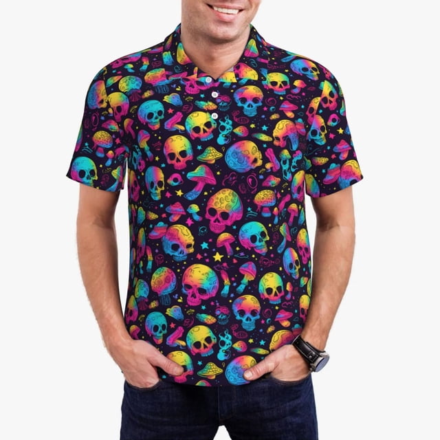 Fotbe Skull rainbow color mushroom Camiseta Polo de Golf para Hombre con Estampado – Camisa Deportiva Transpirable con Cuello Abotonado-X-Large