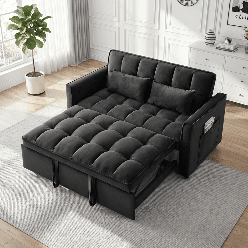 Gewnee 55" Sofa Bed, Convertible Sleeper Sofa & Pull Out Couch, 3-in-1 Velvet Loveseat with Adjustable Backrest and Storage Pocket, Black