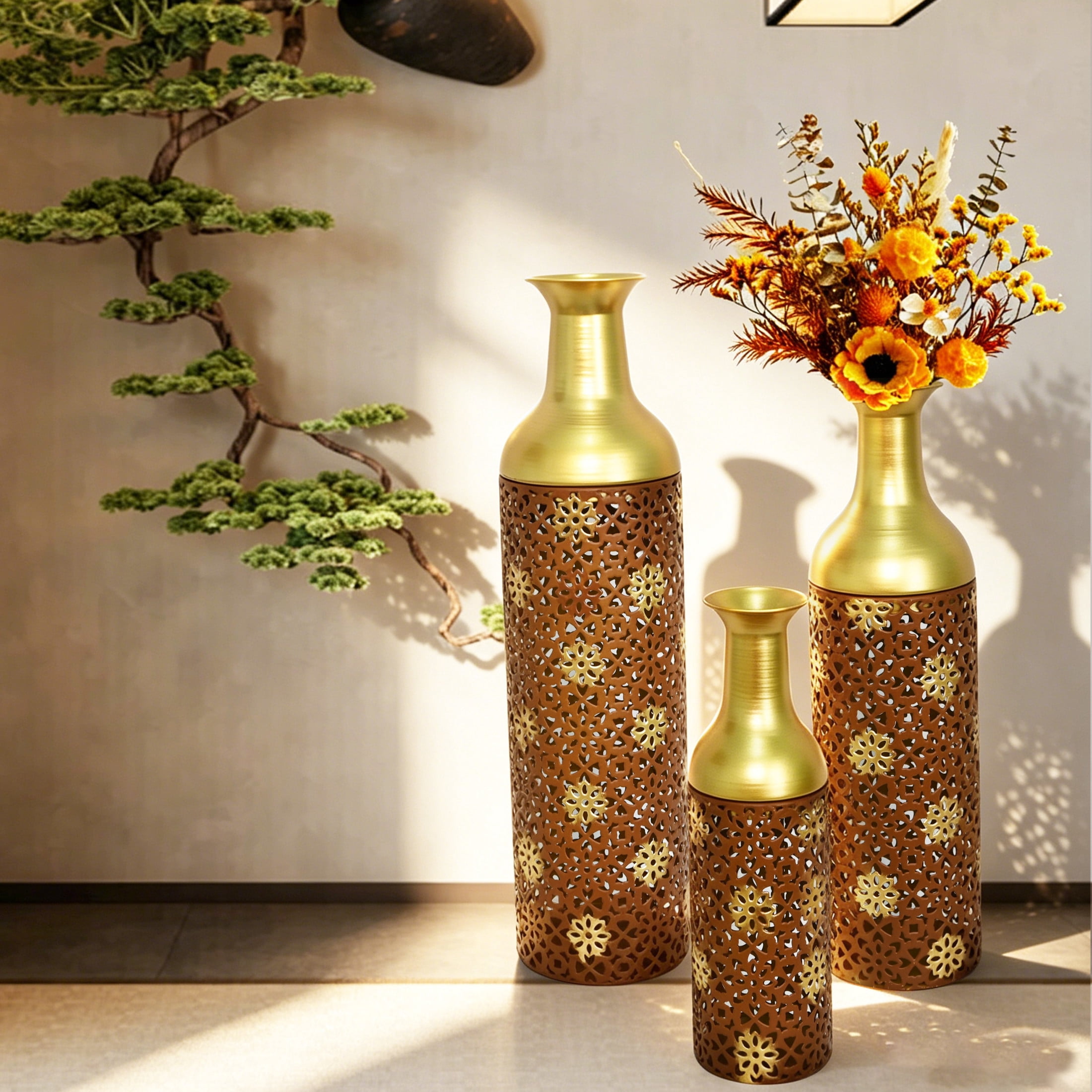 Noble House Set of 3 Decorative Metal Floor Vases, Floral Pattern Tall Vases for Home Decor, Rustic Brown+Gold