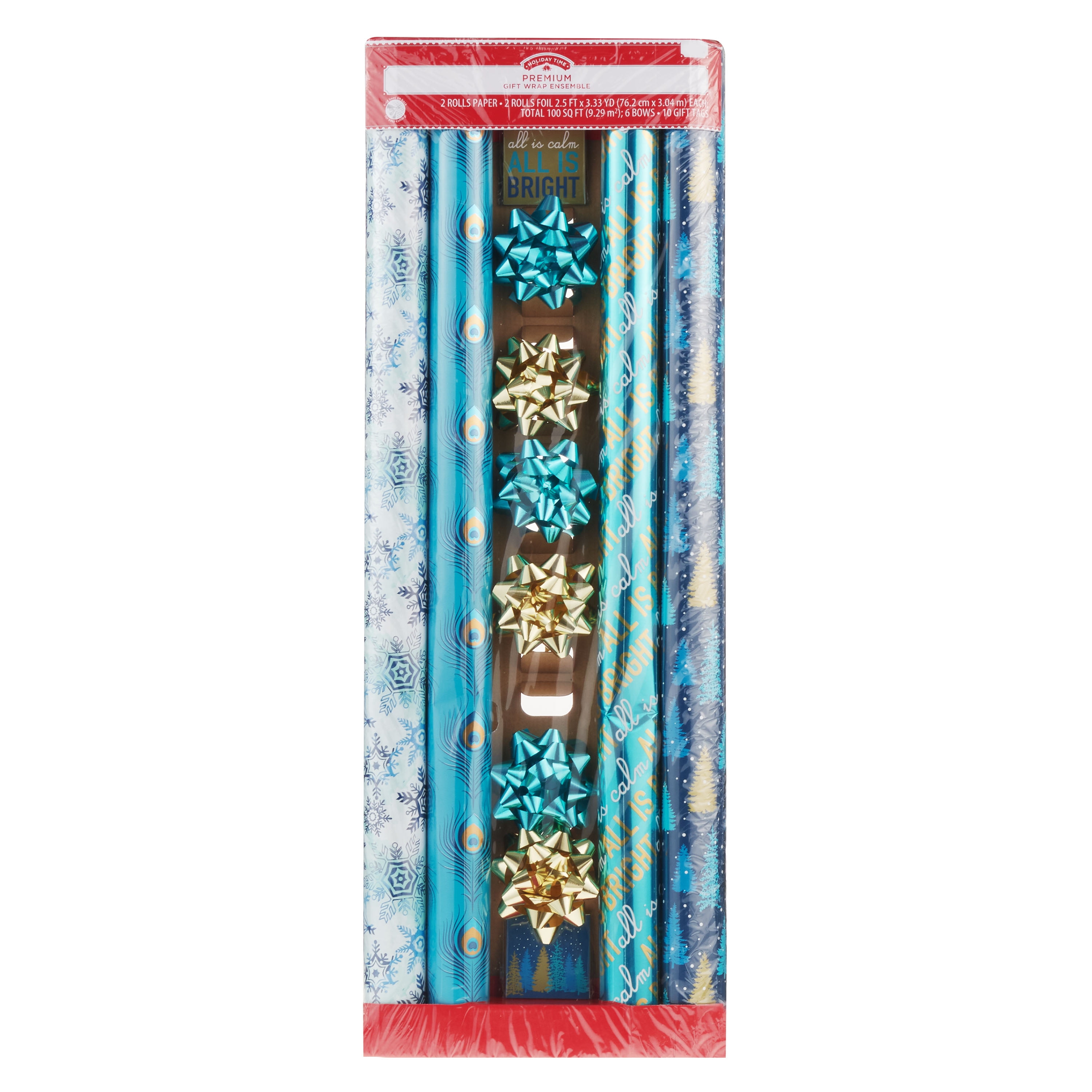 Holiday Time Premium Gift Wrap Ensemble, Blue and Gold