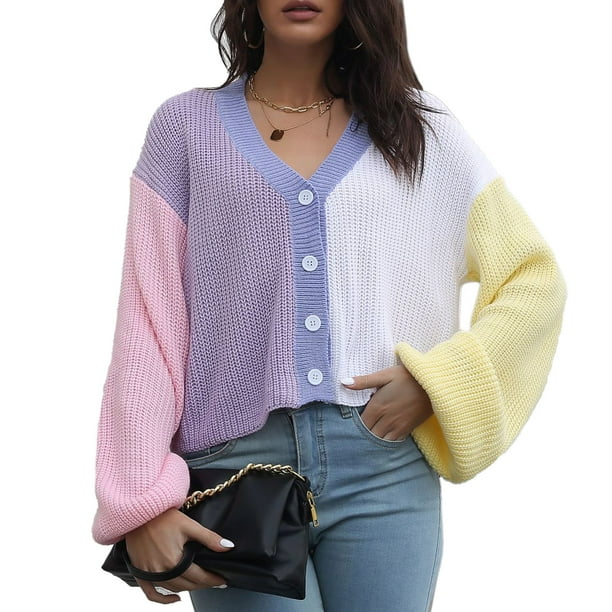 Color Block Sweater Coat Loose Long Sleeves V Neck Loose Short Single