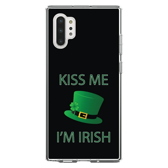 DistinctInk Clear Shockproof Hybrid Case for Galaxy Note 10 PLUS (6.8" Screen) - TPU Bumper, Acrylic Back, Tempered Glass Screen Protector - Black Green Kiss Me I'm Irish