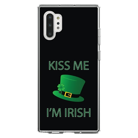 DistinctInk Clear Shockproof Hybrid Case for Galaxy Note 10 PLUS (6.8" Screen) - TPU Bumper, Acrylic Back, Tempered Glass Screen Protector - Black Green Kiss Me I'm Irish