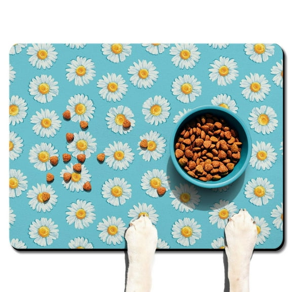 White Bloom Daisy Pet Placemat - Absorbent Dog Bowl Mat - Non-Slip Waterproof Design - Vintage Boho Aesthetic - Large Size for Messy Eaters