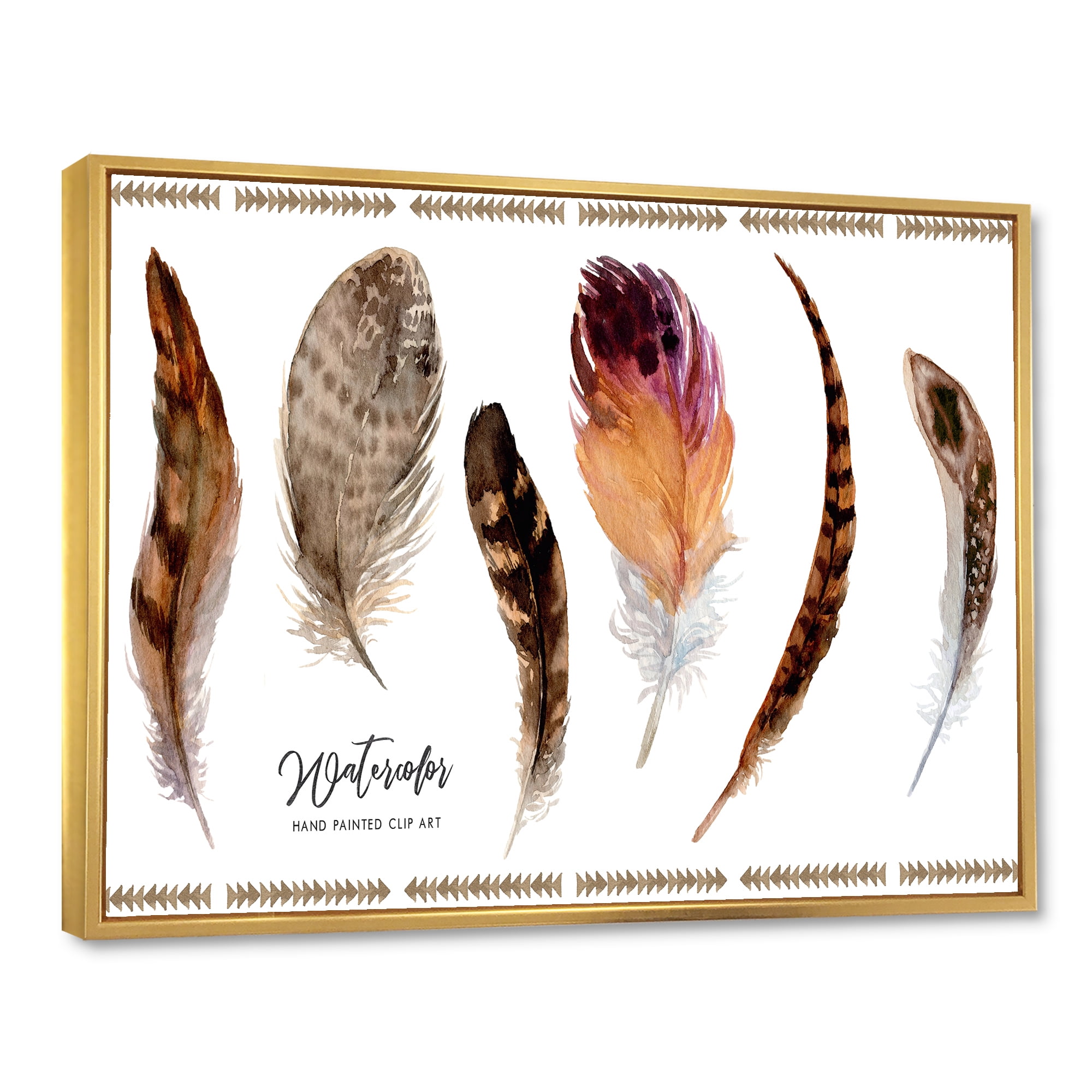 Designart 'Exotic Vibrant Boho Watercolor Feathers' Bohemian & Eclectic Framed Canvas Wall Art Print