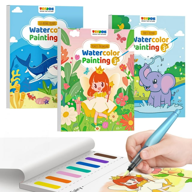 Set de pintura acuarela TECJOE, paquete de 3 pinturas con libros para colorear al agua