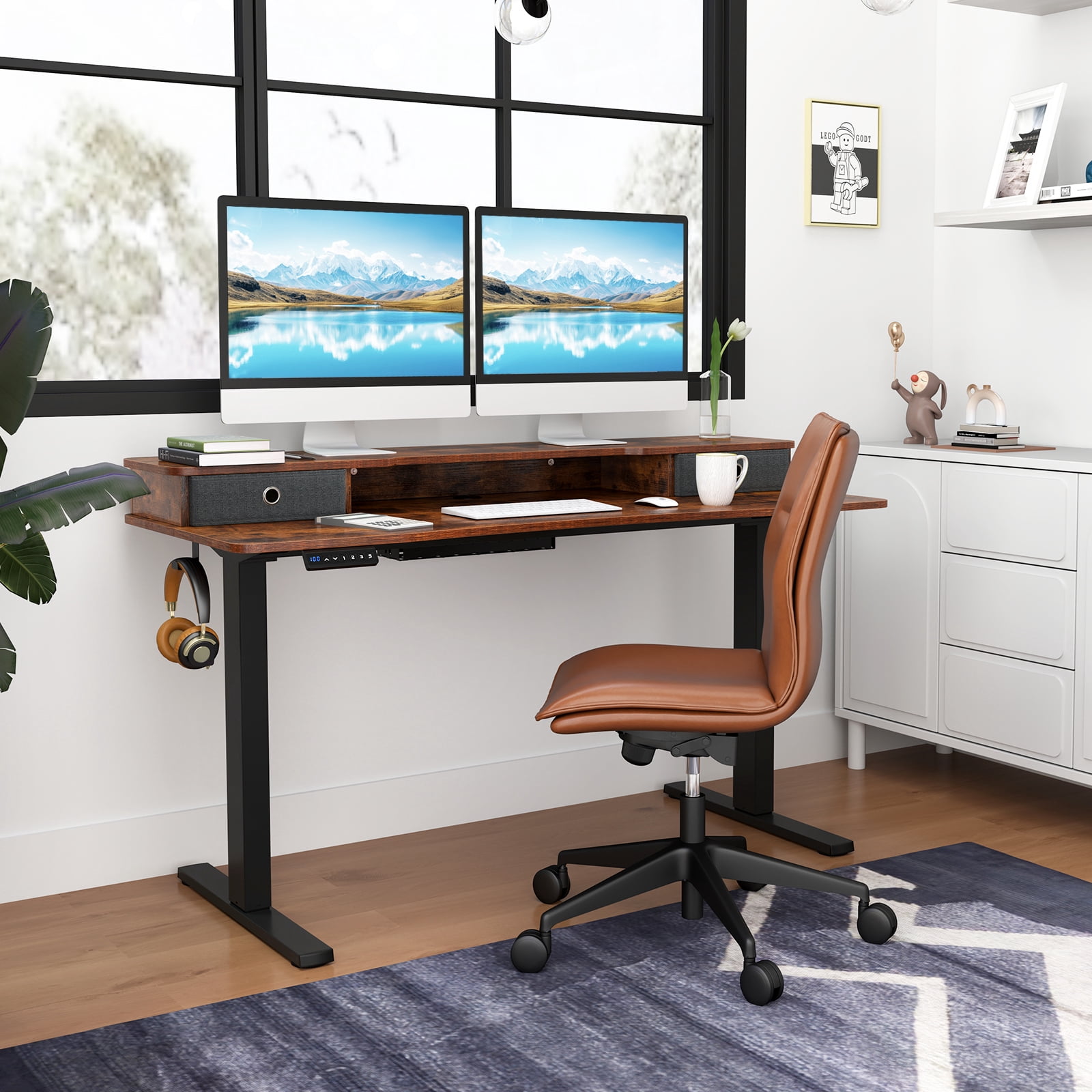 Topbuy 55" x 24" Standing Desk with Drawers Electric Stand-up Desk with Monitor Stand Rustic Brown