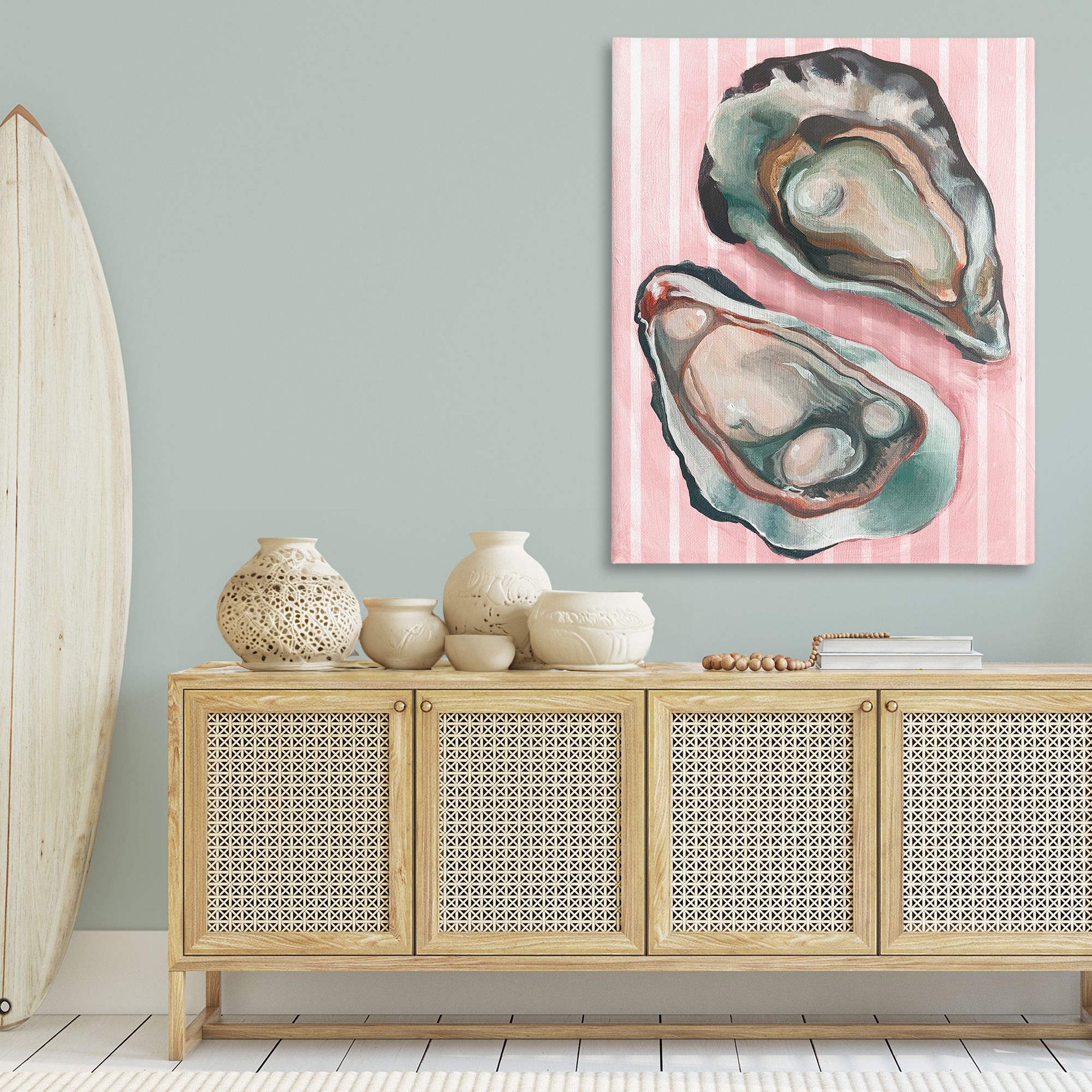Stupell Industries Oysters on Pink Stripes Animals Painting Wrapped Canvas Art Print Wall Art, 36 x 48