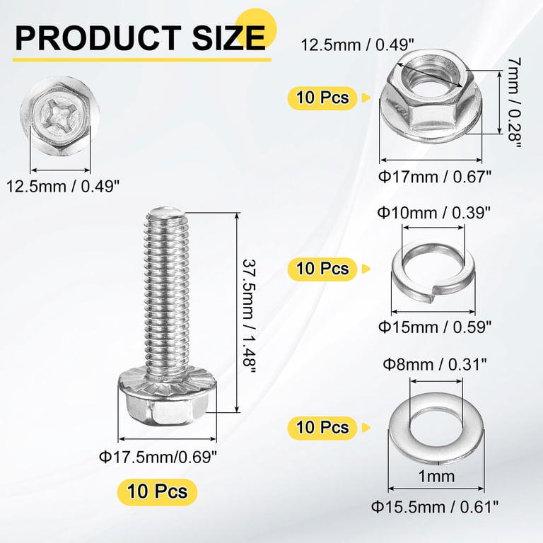 M8 x 30mm 10Pcs Flanged Hex Head Bolts with Nuts, Flat & Lock