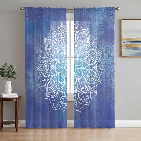 Boho Flowers Sheer Curtains 108 Inch Length 2 Panels Set Window Treatments, Blue Floral Bohemian Vintage Country Rod Pocket Semi Curtains for Living Room/Bedroom/Kitchen Décor, 104"W x 108"L