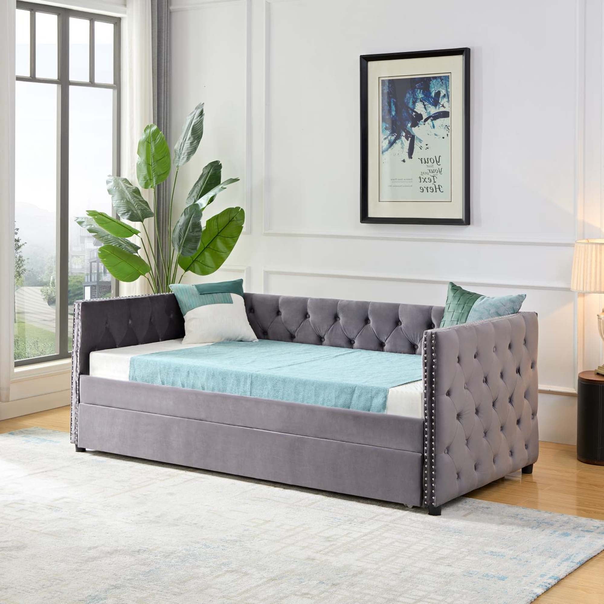 Aukfa Upholstered Daybed with Trundle, Twin Trundle Bed, Button Tufted - Gray