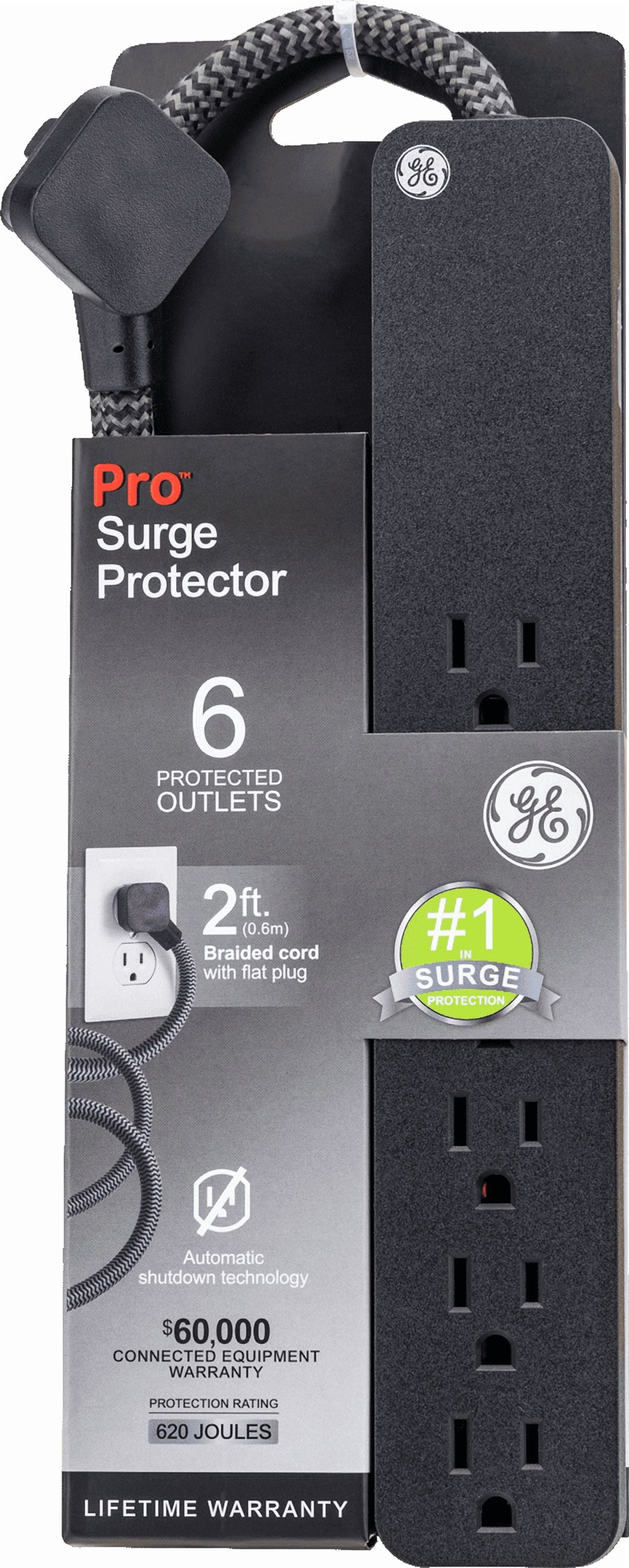 GE Pro Grounded 6-Outlet Surge Protector Power Strip with 2 ft. Braided Extension Cord, Black, 15-Amp