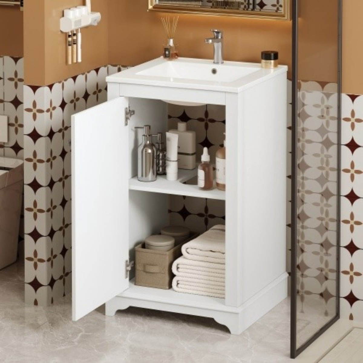 20" Bathroom Vanity with Ceramic Sink, Freestanding Bathroom Vanity Cabinet with Adjustable Shelf, Soft Close Door, Solid Wood Frame, Modern Green Vanity for Small Bathroom, White