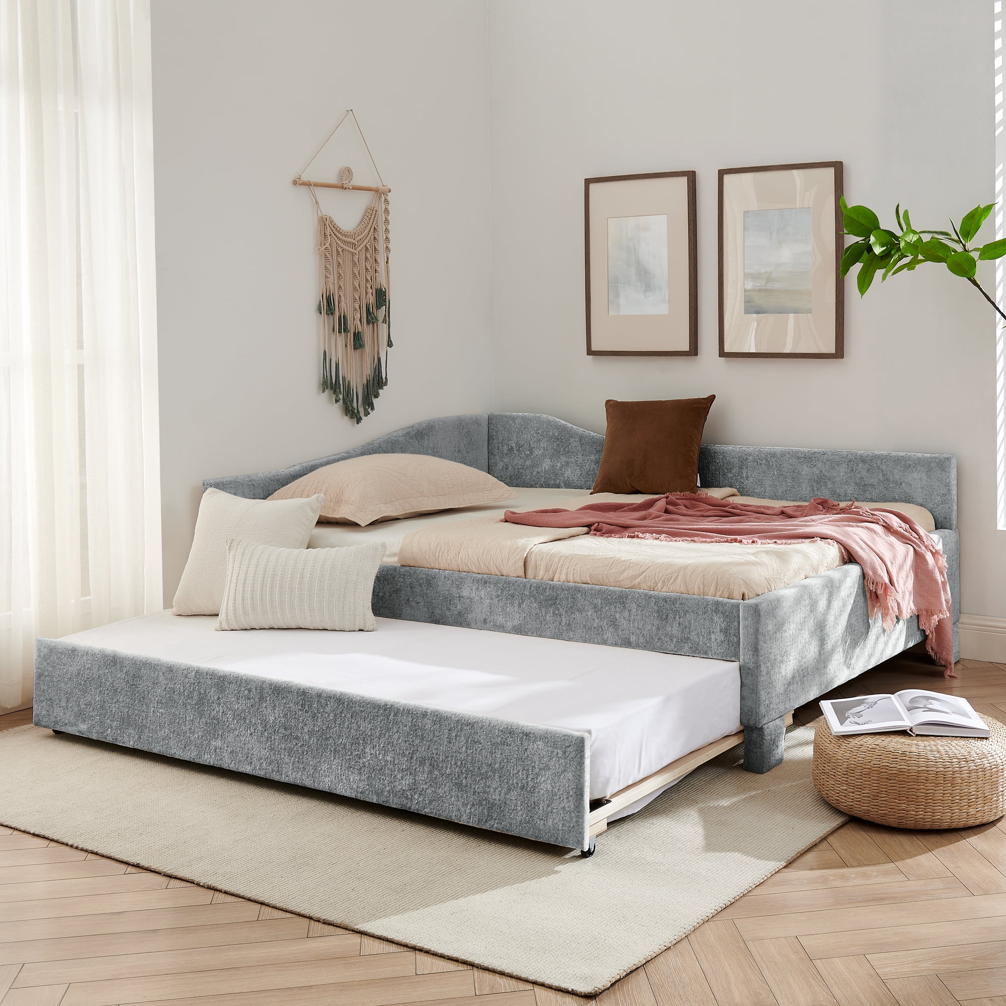 Full Size Daybed,Chenille Upholstered Daybed with Pull-Out Trundle & Built-In USB Charging Port,2-in-1 Space Saving Sofa Bed for Guest Room,Small Space,Grey