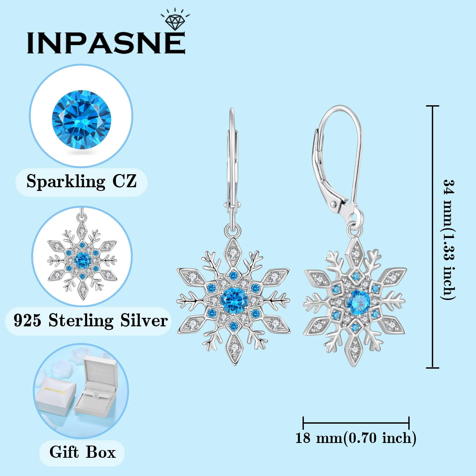 Inpasne Snowflake Earrings for Women 925 Sterling Silver Leverback Earrings Aquamarine Dangle Drop Earrings Christmas Gift for Her Mom