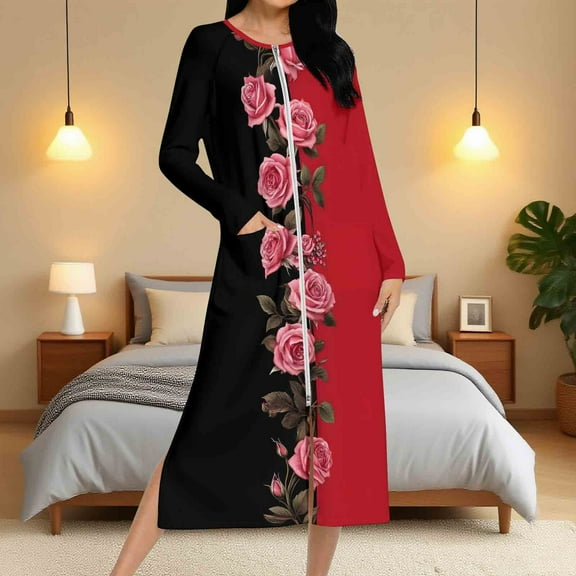 Aboser Lounger Robes for Women Full Length Long Sleeve Duster Housecoat Elegant Rose Print Loungewear Casual Split Hem Bathrobe Soft Cozy Nightgown with Pockets