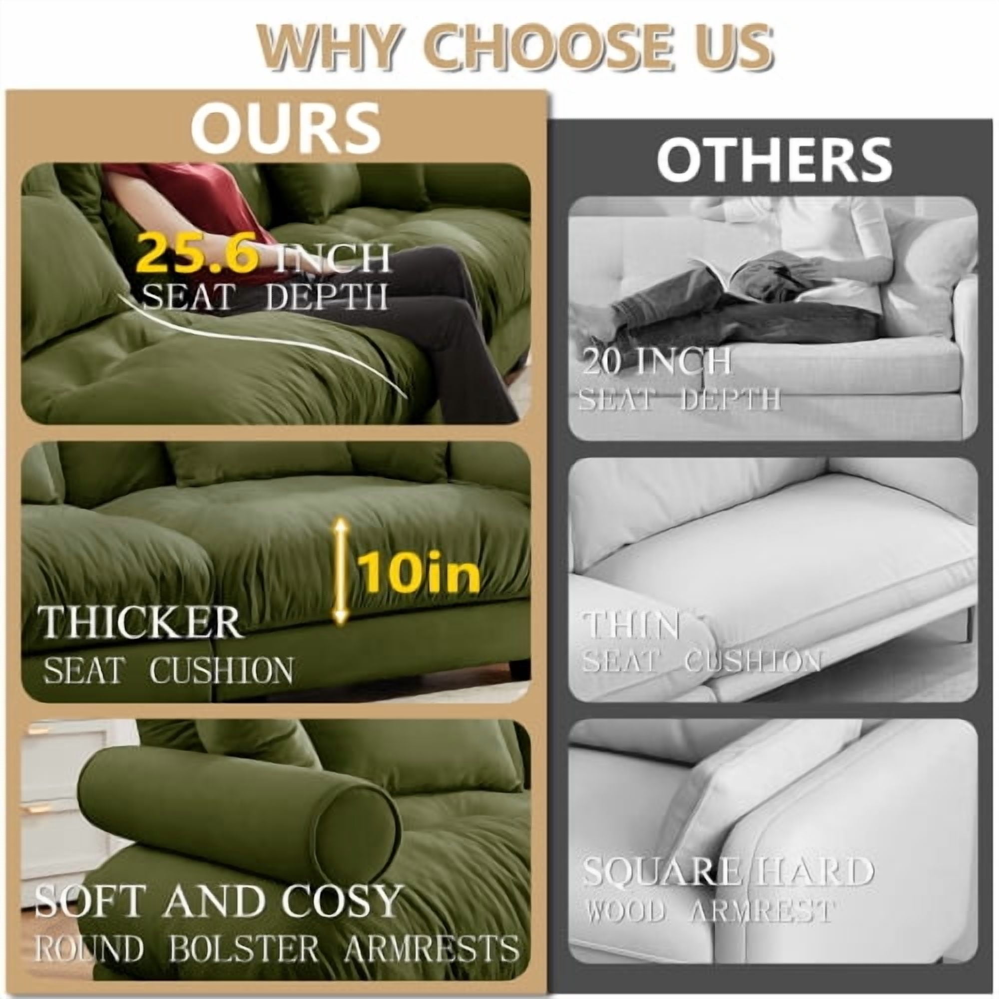 93" Oversized Modern Velvet 2-Seater Sofa with Ottoman, Round Bolster Armrests, Waist & Throw Pillows, Convertible Small L-Shape Couch for Living Room & Reading Room, Olive Green