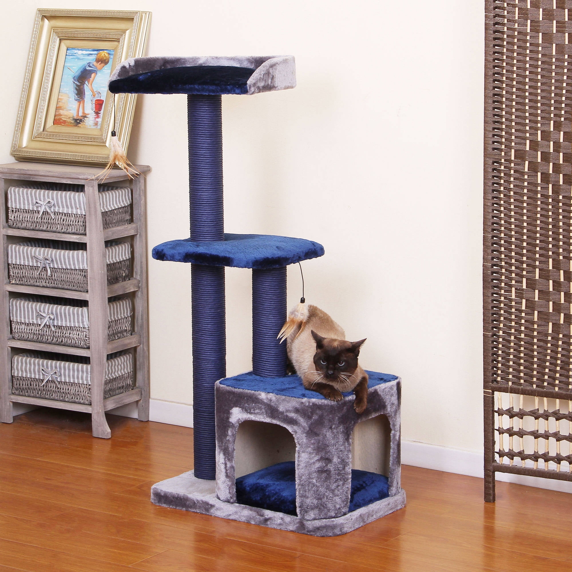 PetPals Snug Navy Three Level Condo Cat Tree with Two Teasers