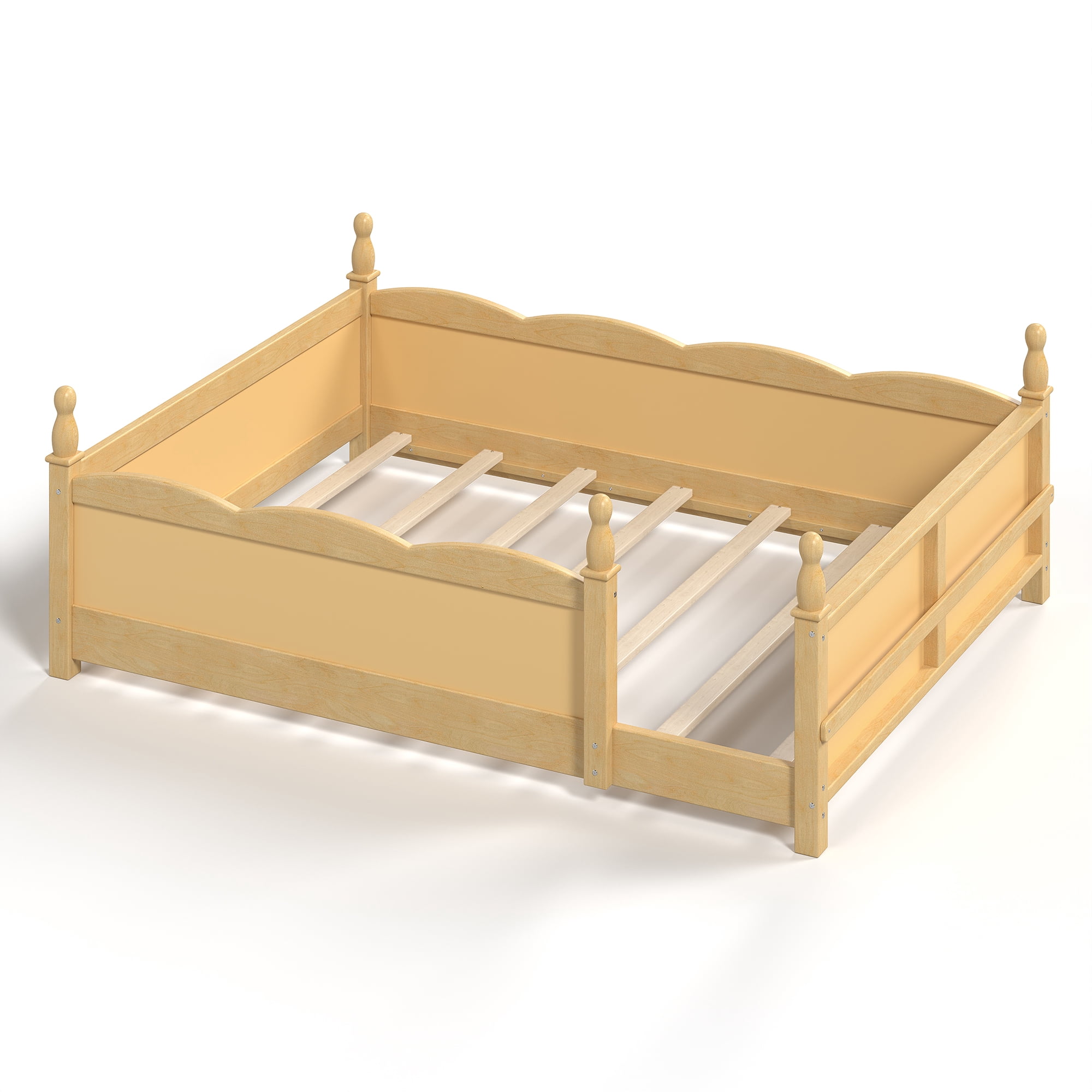 Montessori Full Floor Bed with Full-Length Guardrails and Bookshelf, Low Profile Kids Bed with Childlike Design, Natural