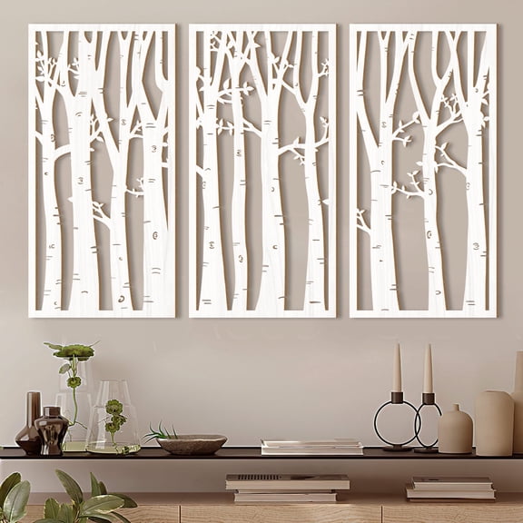 HPNIUB Large Birch Tree 3D Hollow Wood Wall Art Boho Forest Tree of Life Sculpture Natural Decor Set of 3 for Living Room Bedroom Office 16x32 Inch