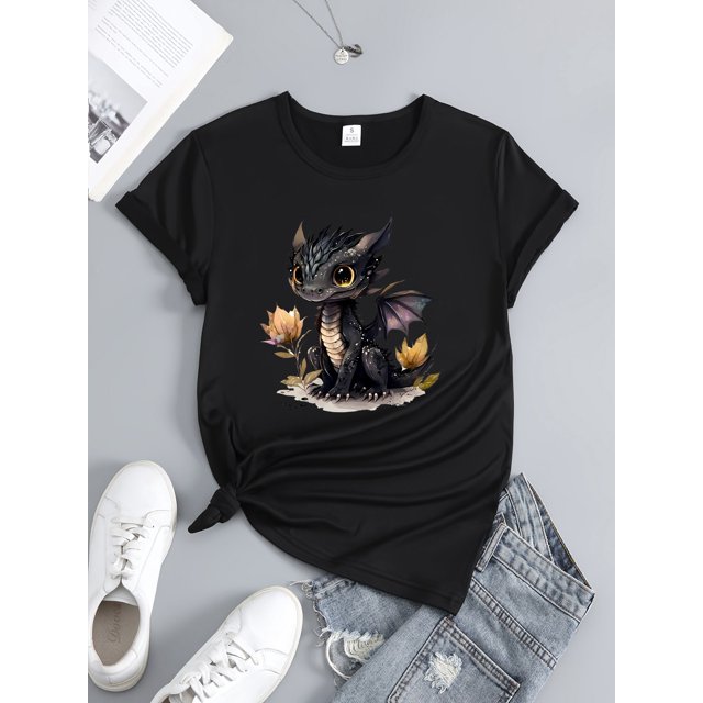 Print Cartoon Black Dragon Graphic Tee - Soft, Breathable & Comfortable Short Sleeve T-Shirt for Women | Perfect for Summer Casual Wear & Outdoor Activities, Easy Care, Quick-dry