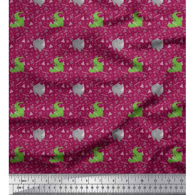 Soimoi Poly Crepe Fabric Geometric Shapes,Crocodile & Rhinoceros Kids Print Sewing Fabric Yard 52 Inch Wide