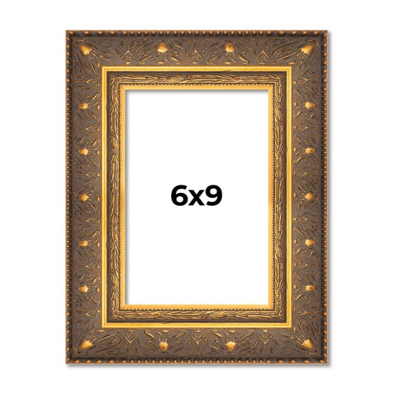 6x9 Frame Vintage Gold Solid Wood Picture Frame | 2.5 Inch Moulding Width | Ornate Bronze Museo