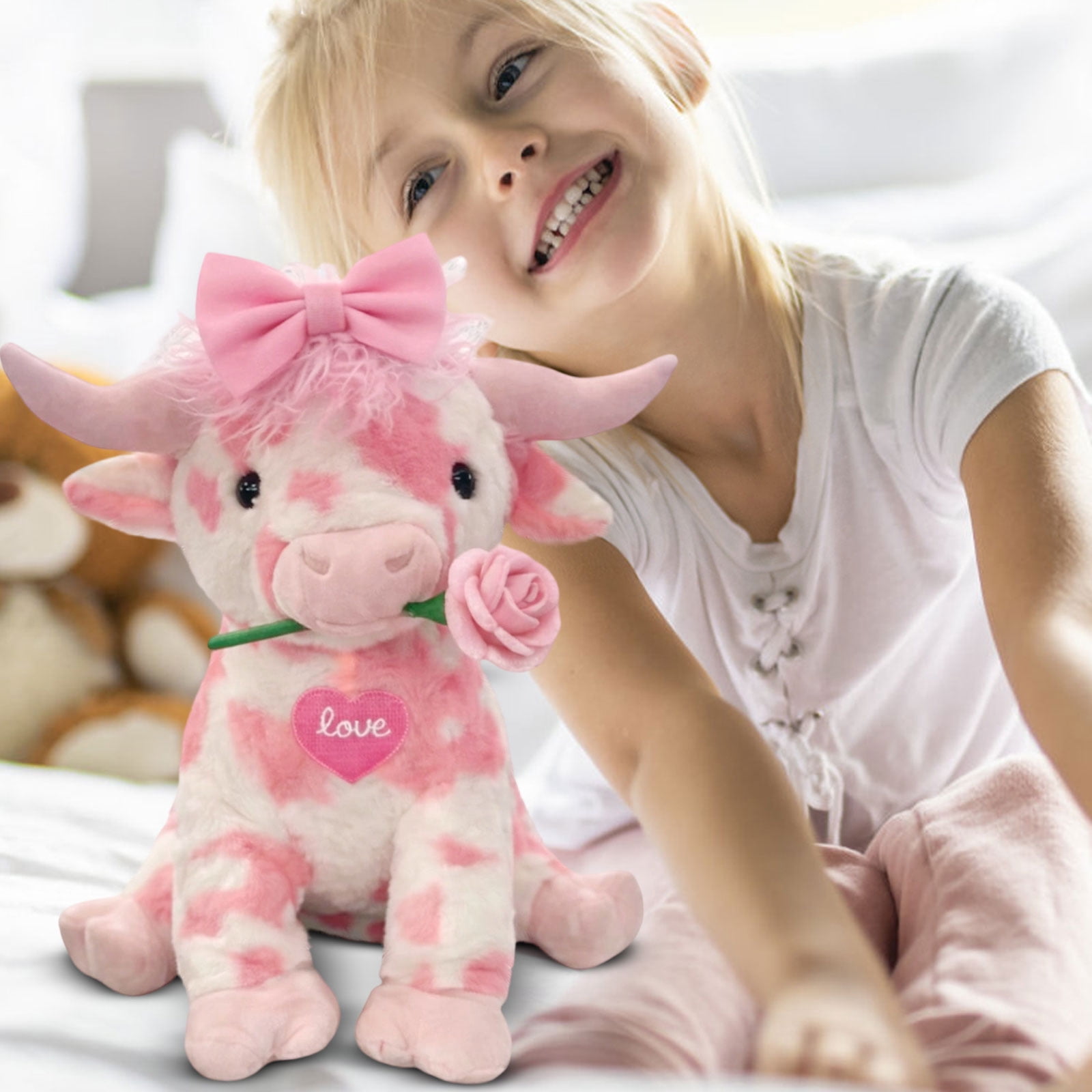 20Inch Kawaii Pink Cow with Rose Stuffed Animals Plush Toy, Soft Plush Doll, Perfect Birthday Christmas Valentines Anniversary Easter Holiday Gifts, Easter Basket Stuffers