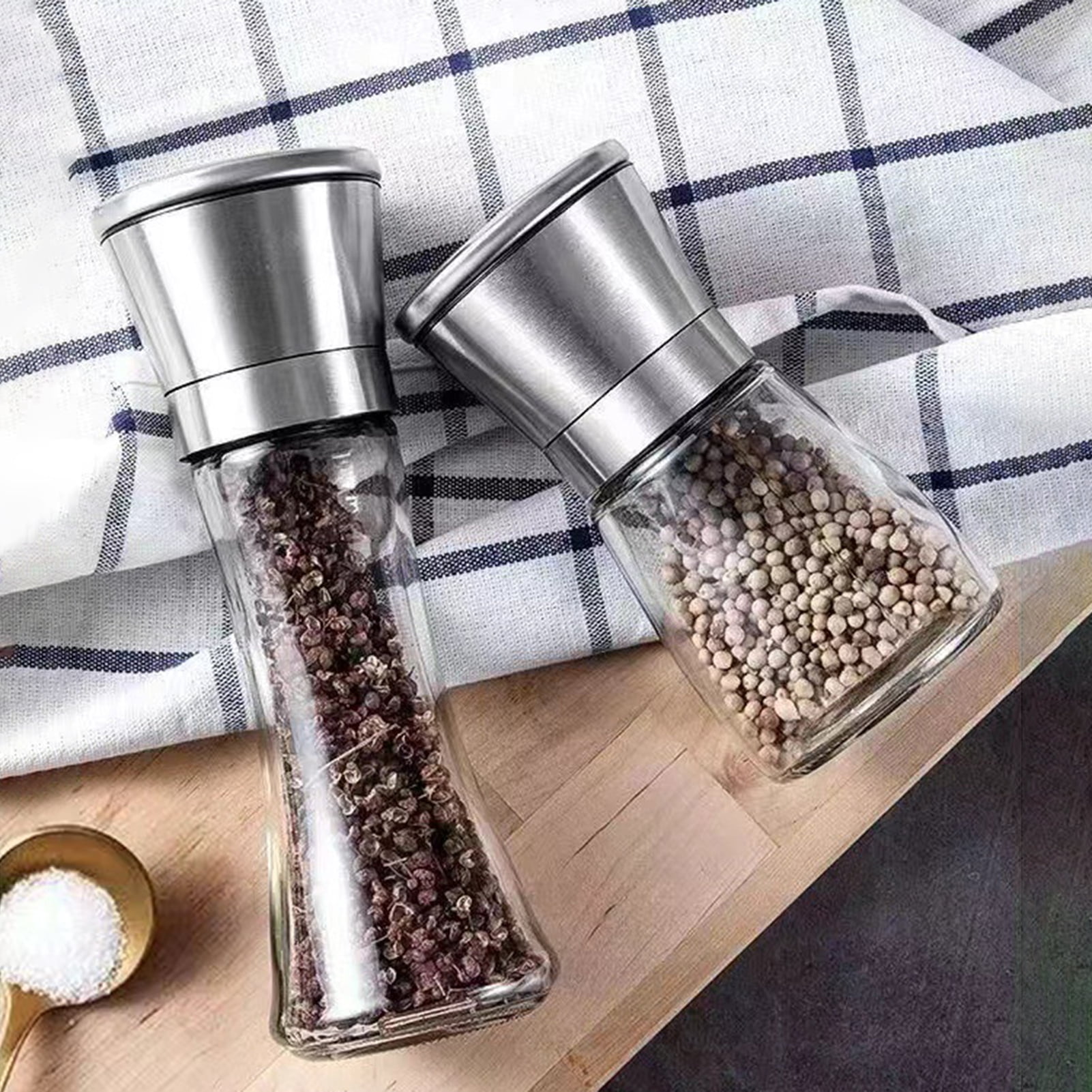 Jkung 2Pcs Pepper And Salt Grinder Refillable Stainless Steel Mill with Adjustable Coarseness Manual Spice Grinder for Kitchen Home Restaurant