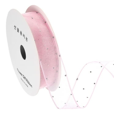 1 Inch x 10 Yard Organza Sheer Ribbon with Silver Rhinestone, Pink