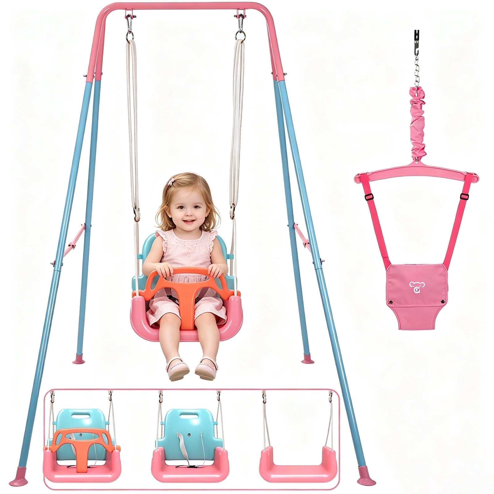 SEMOPRUS 2 in 1 Toddler Swing & Jumper, Foldable Baby Jumpers and Bouncers, Easy to Assemble & Store for Indoor/Outdoor, Pink and Blue